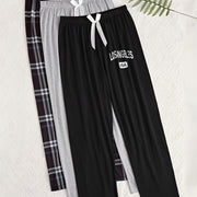 Women's 3pcs Plaid Sleepwear Set - Comfy Polyester & Elastane Blend, Machine Washable, All-Season Lounge Pants