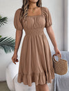 1pc Women'S Elegant Square Neck Short Sleeve A-Line Dress with Ruffle Detail, Polyester Woven Fabric, Solid Color, Spring/Summer/Autumn Collection