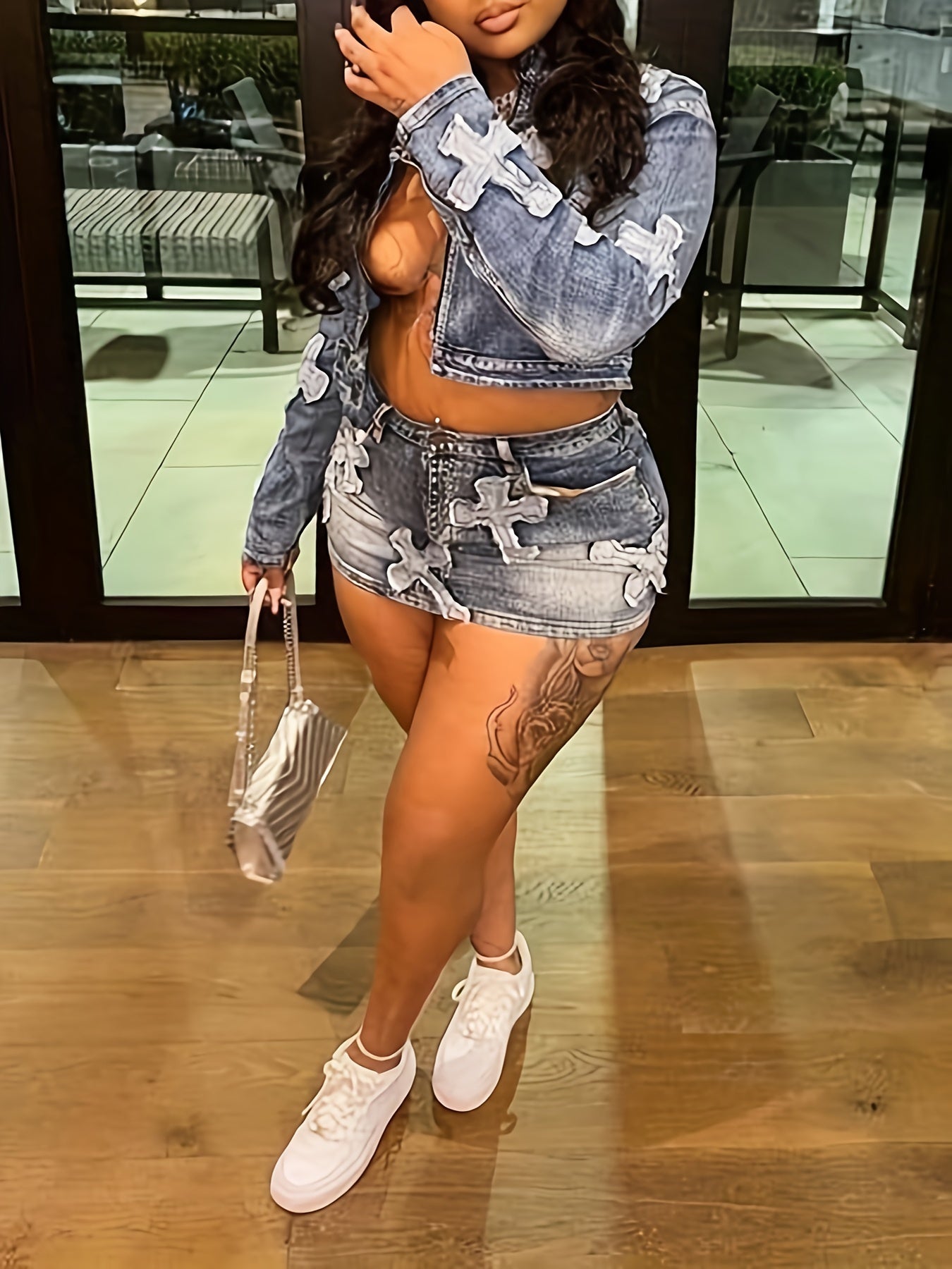 Skirt Sets Women 2pcs Outfits Denim Long Sleeve Full Zip Embroidery Crop Jean Jacket Mini Skirt Set