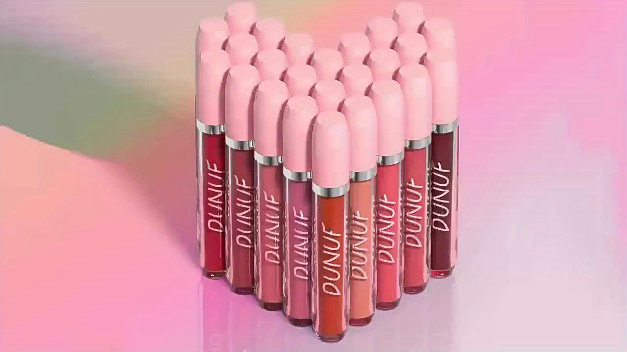 DUNUF 25pcs Matte Lipstick Set, Water-Resistant, Long-Lasting, Non-Fade, Non-Stick Cup, All Skin Types, Adult, Red & Mixed Tones, Matte Finish