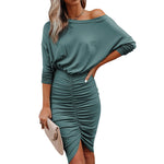 Solid Color Sexy Slanted Shoulder Slim-fit Pleated Hip Dress