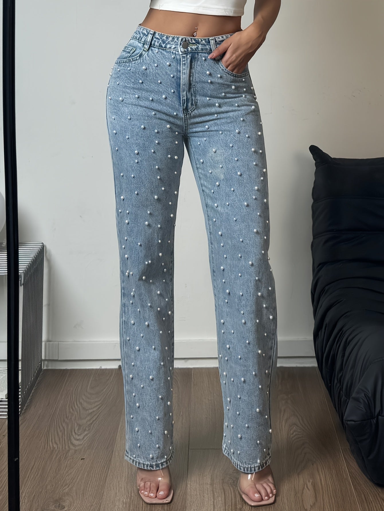 Women's Casual Straight Leg Denim Pants with Pearl Accents - Loose Fit, High-Waisted, Machine Washable, Pockets & Zipper Closure for Year-Round Wear, Party & Everyday Outfits, Straight Leg Jeans