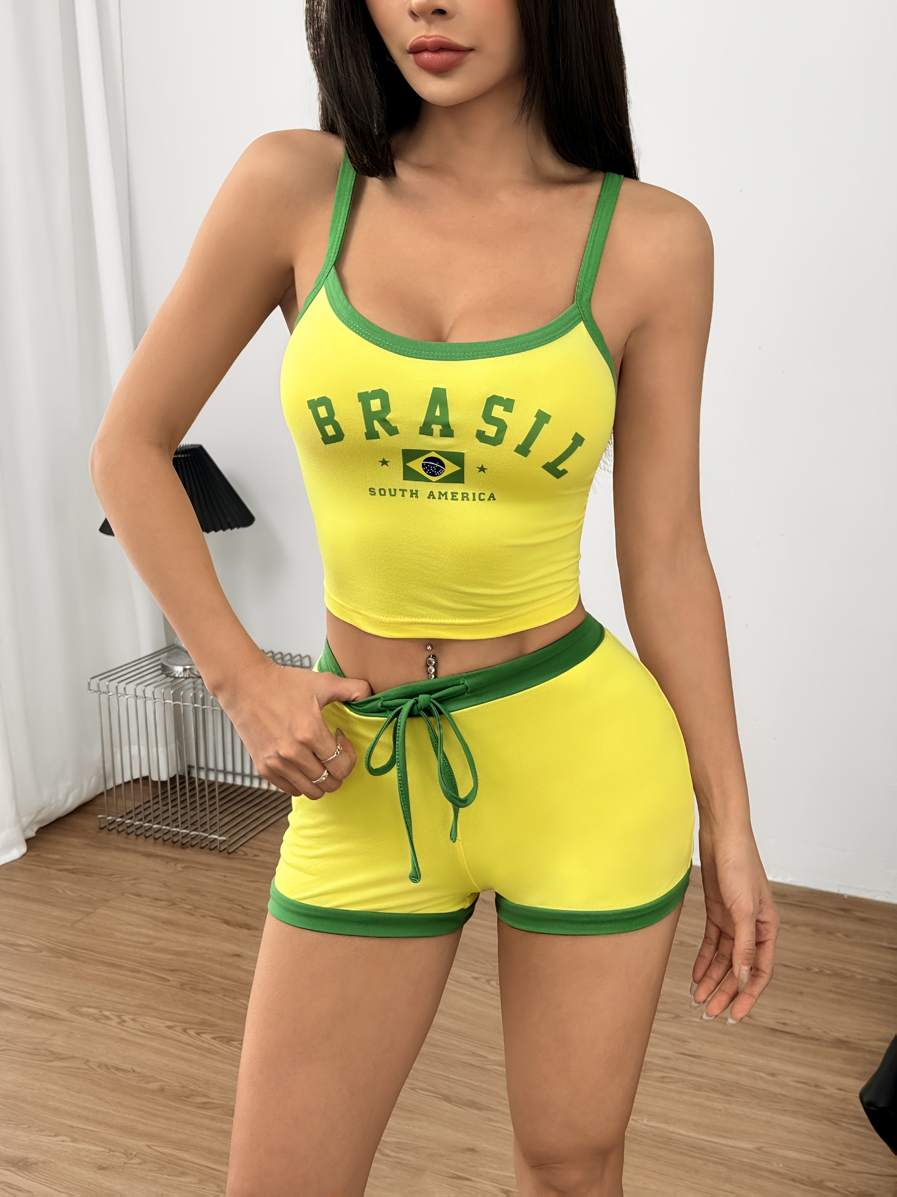 [Contrast Trim] Women's Casual Shorts Set - Letter & Brazil Flag Print Crew Neck Cami Top & Drawstring Waist Slim Shorts