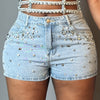 Women's Slim-Fit Denim Mini Shorts with Stylish Rhinestone Studs, Slash Pockets, Zipper Closure, Summer Casual Jean Shorts - Light Blue, Stylish Denim Shorts | Rhinestone Embellished Shorts | Viscose Denim Shorts