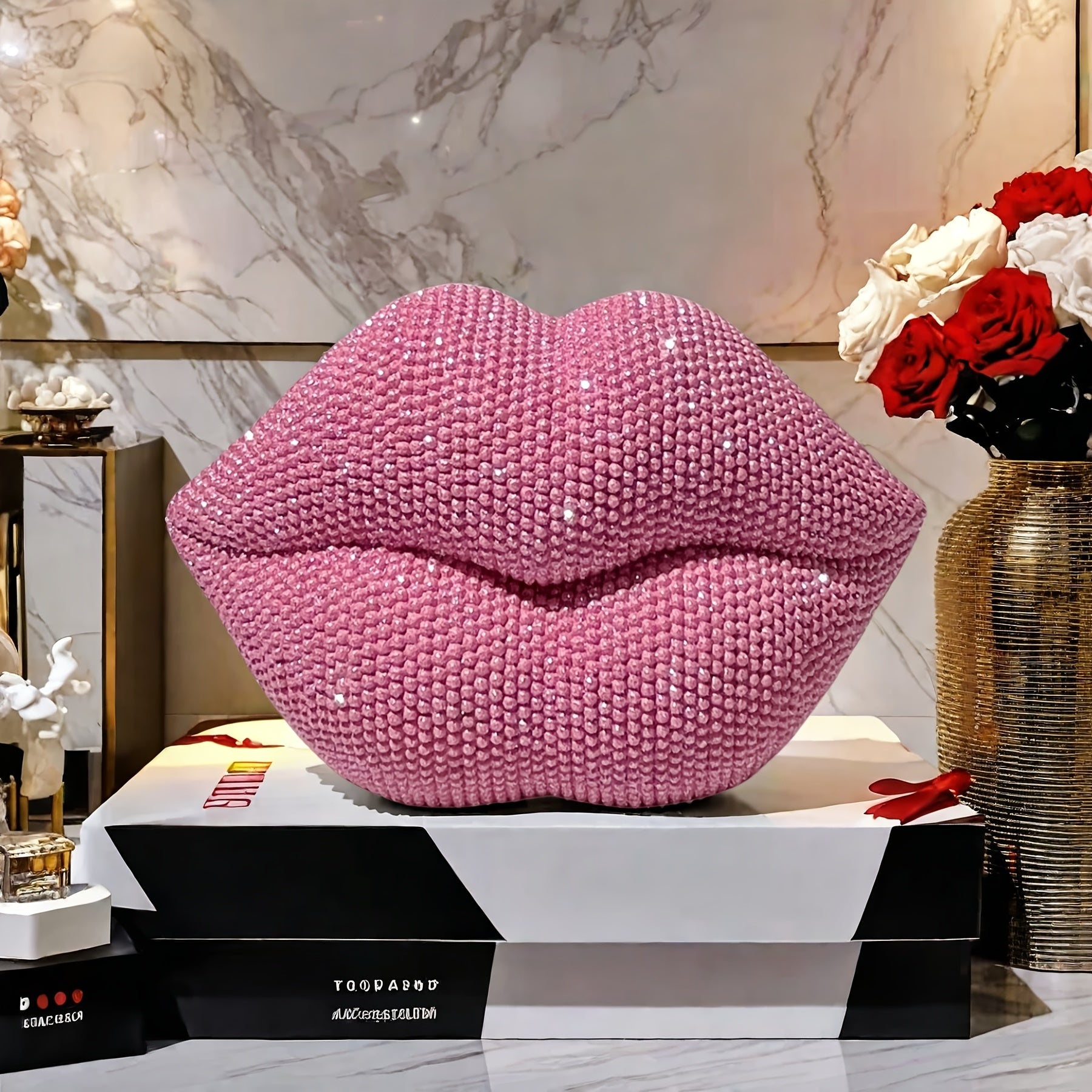 1pc Pink Beaded Lips Statue Decor – Resin Love-Themed Art for Home, Office, Bedroom, Bar, Hotel, Bathroom – Perfect for Weddings, Valentine’s Day, and Romantic Gifts, Indoor Decoration | Beaded Texture | Sleek Finish, P