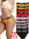 10-Pack Elegant Cotton Seamless Underwear for Women, Comfortable Knit Fabric, Solid Color with Heart & Letter Print Design