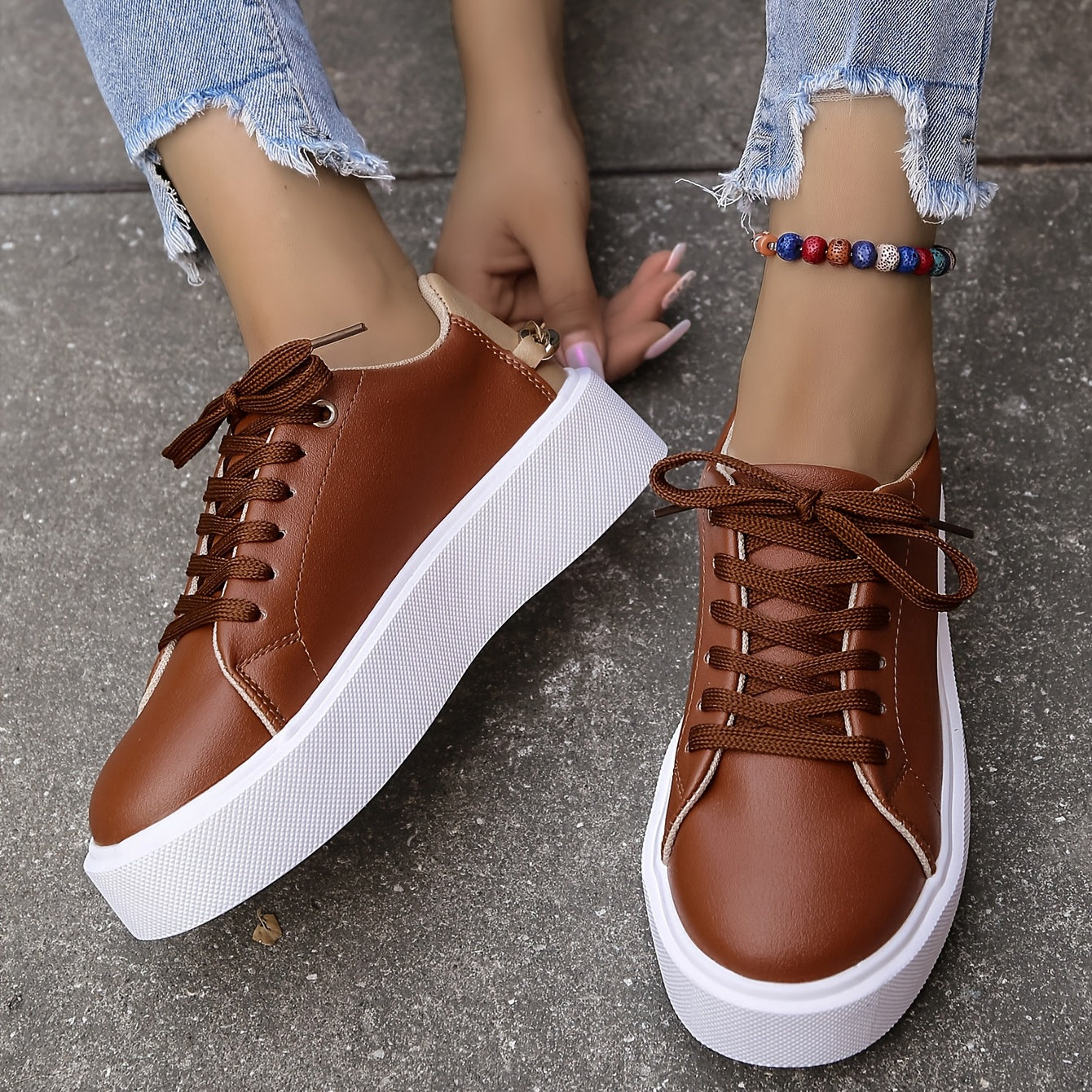 Women's Colorblock Casual Sneakers, Lace Up Comfy Chain Decor Flat Shoes, Versatile Low-top Skate Shoes
