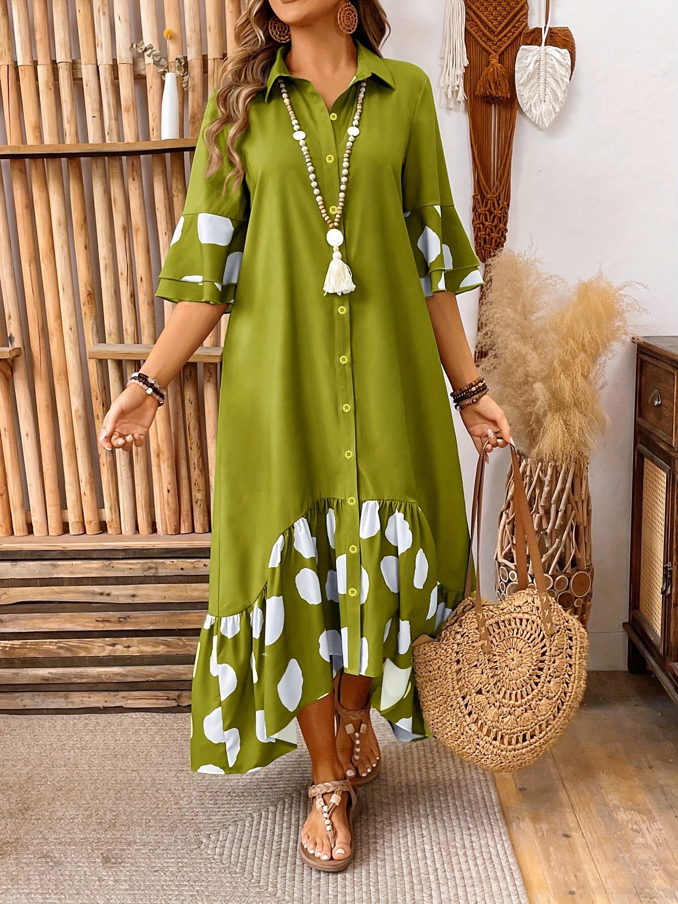 Elegant Women'S Long Sleeveless Dress with Front Button Detail and Polka Dot Print - Semi-Sheer A-Line Midi Skirt Dress for Spring/Fall, Cute Dress