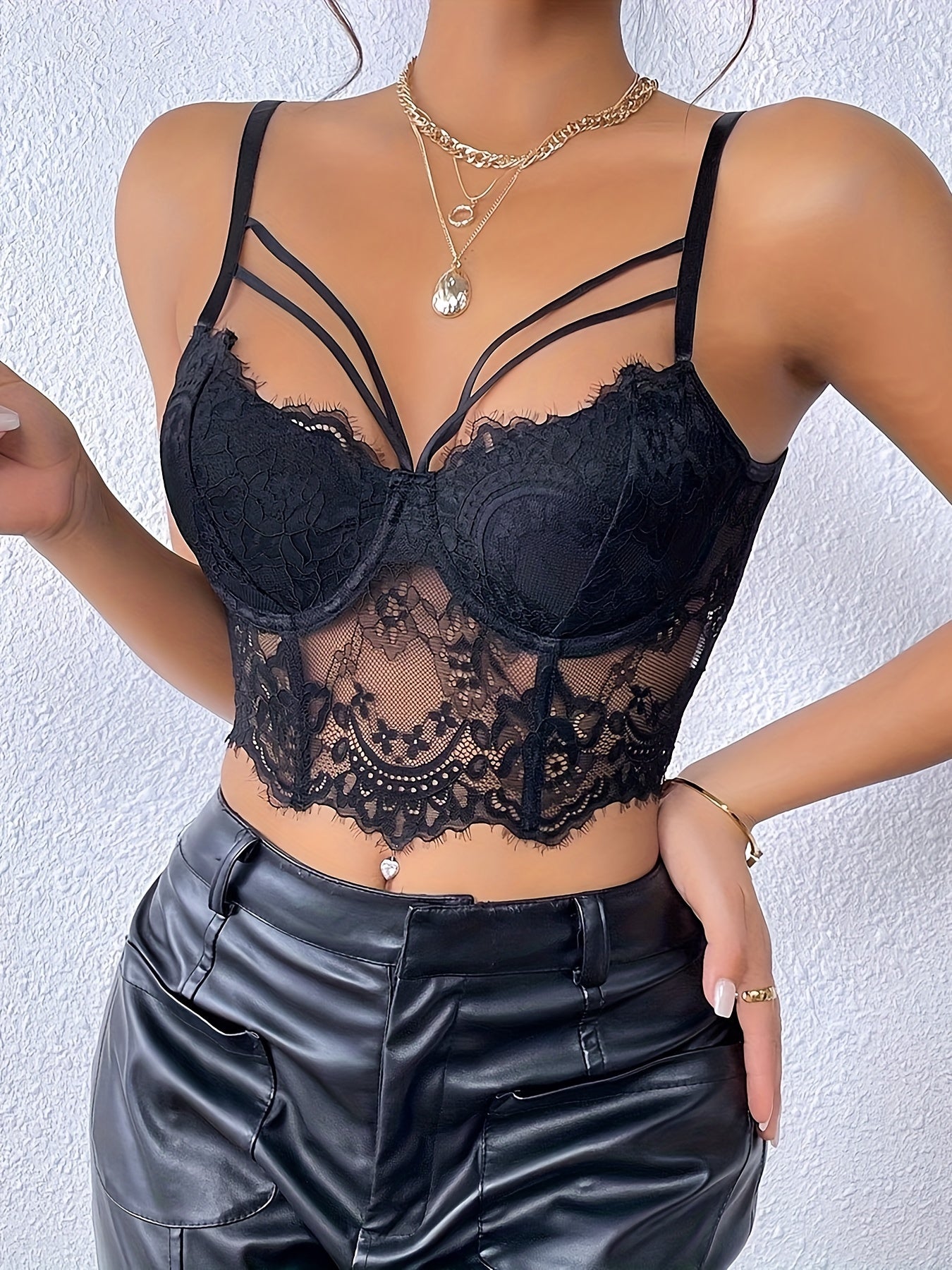 New Sexy Low-Cut Fishbone Eyelash Lace Perspective Backless Sling Corset Top