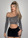 One Shoulder Crop Slim T-Shirt, Sexy Long Sleeve T-Shirt for Spring & Fall, Women's Clothing