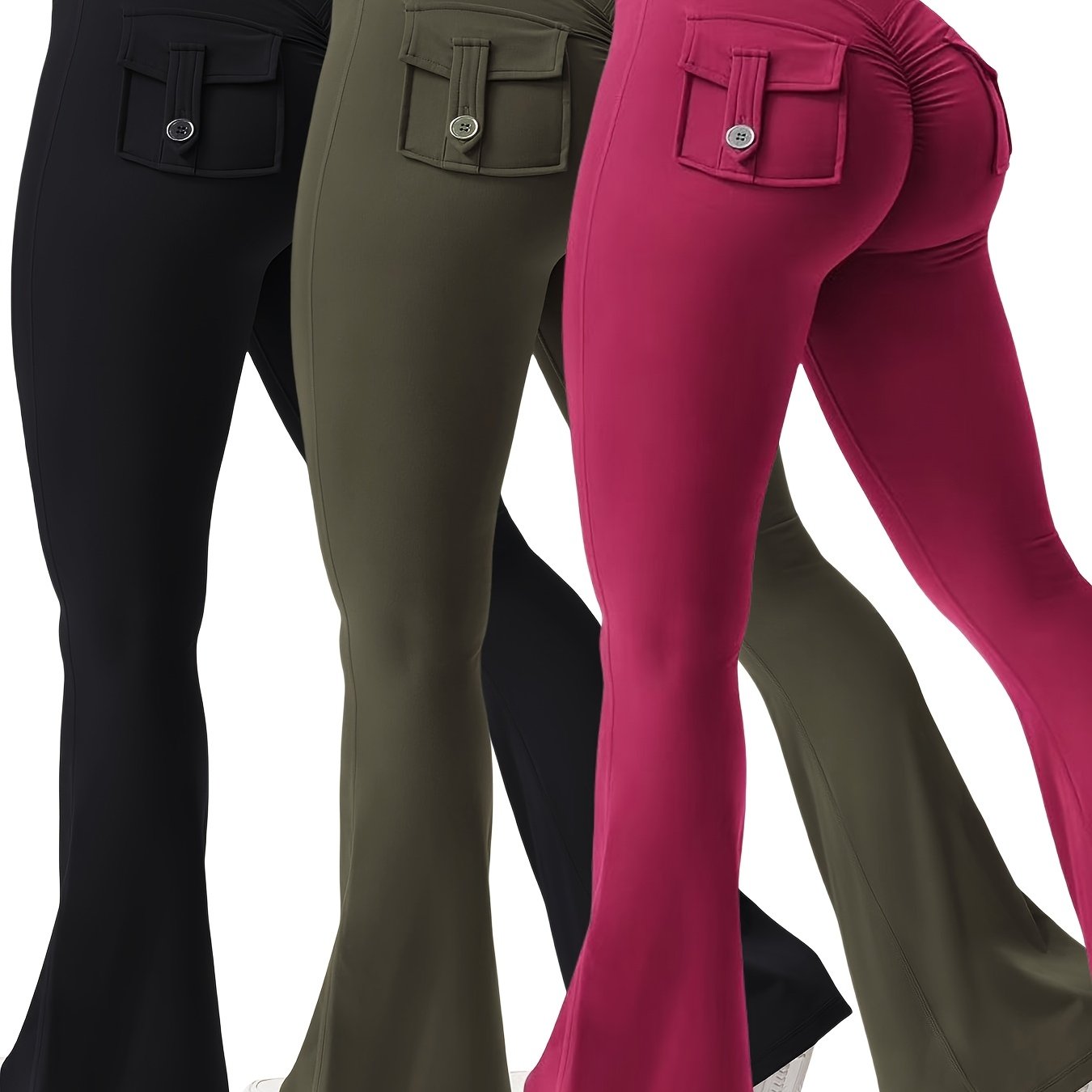 3pcs Women's High Elasticity Yoga Pants with Pockets - Soft Flared Leg Workwear-Style Fitness Pants, Elastic Waistband Tight-Fit Butt-Lifting for Running, Gym & Casual Wear (Black/Grey/Brown), Running Attire | Highwaisted Fla