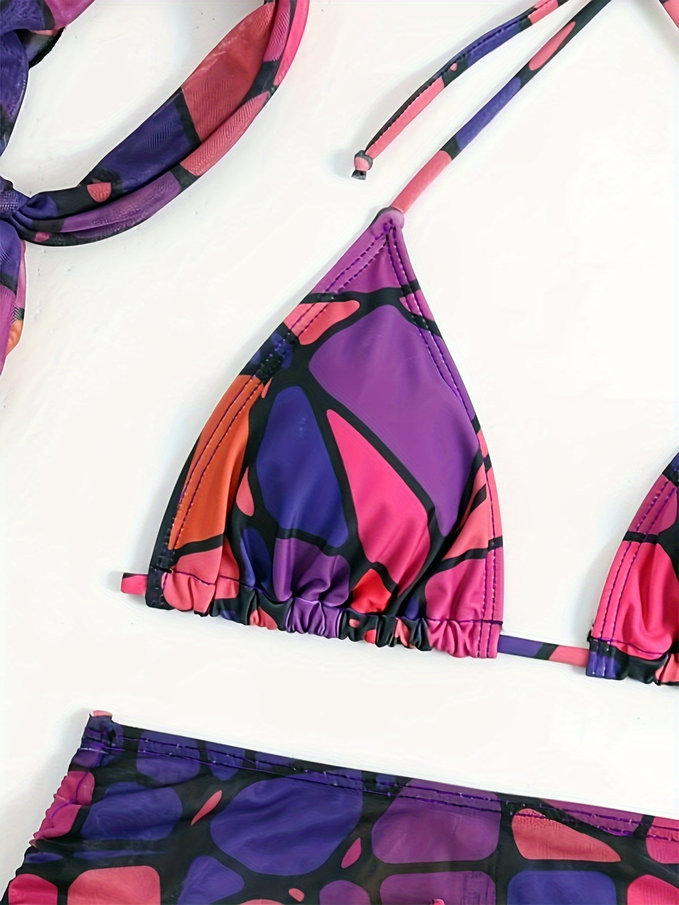 Geometric Print Color Block 3 Piece Set Swimsuit With Stylish Headband, Halter Tie Neck Triangle Bikini & Drawstring Wrap Cover Up Skirt Swimsuit For Beach Pool Bathing, Women's Swimwear & Clothing