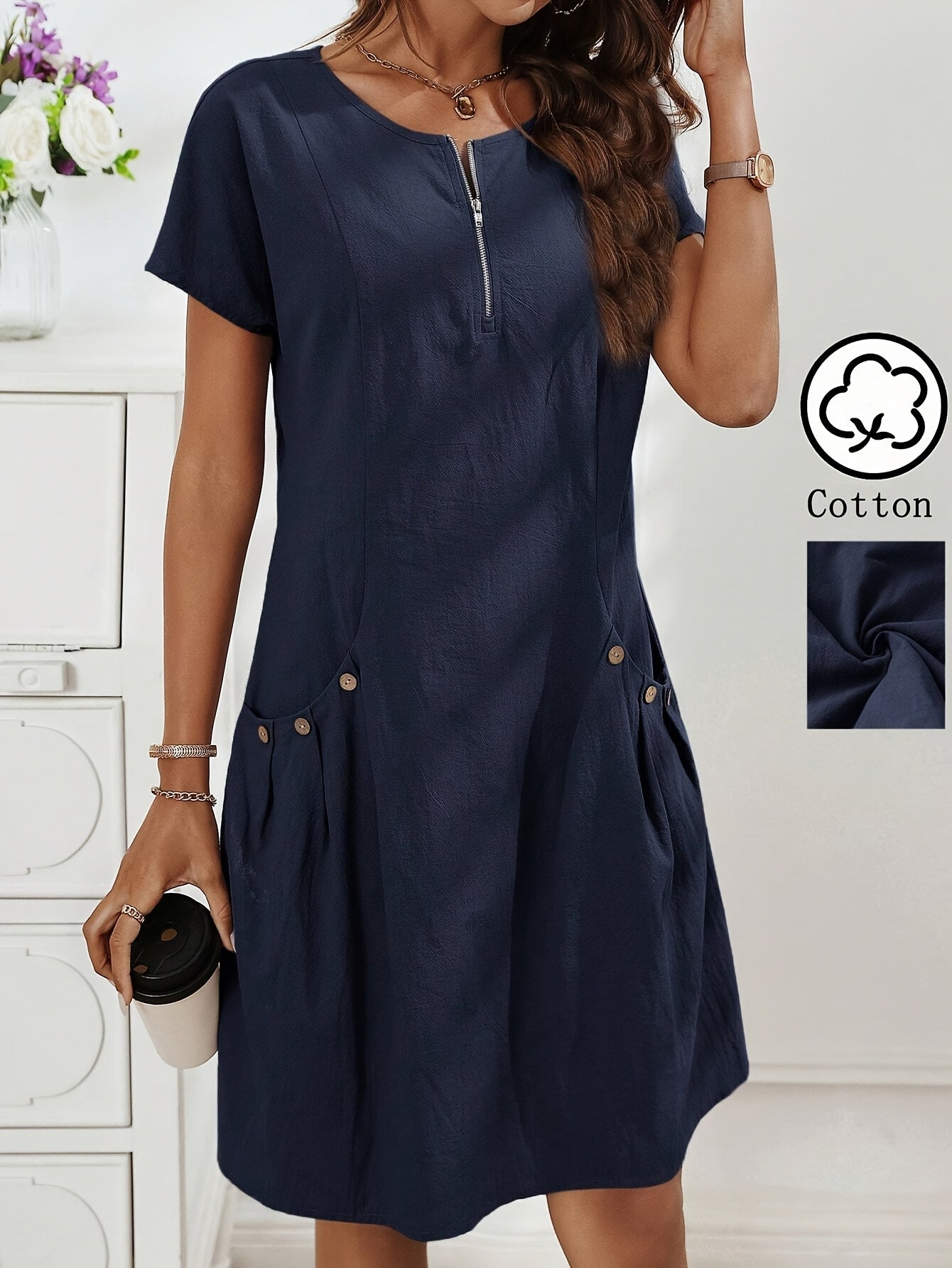 Women's Light Pink Summer Casual Dress with Zipper Half Placket, Button Decor & Double Pockets - Elegant Loose Fit for Spring/Summer, Cute Summer Dresses