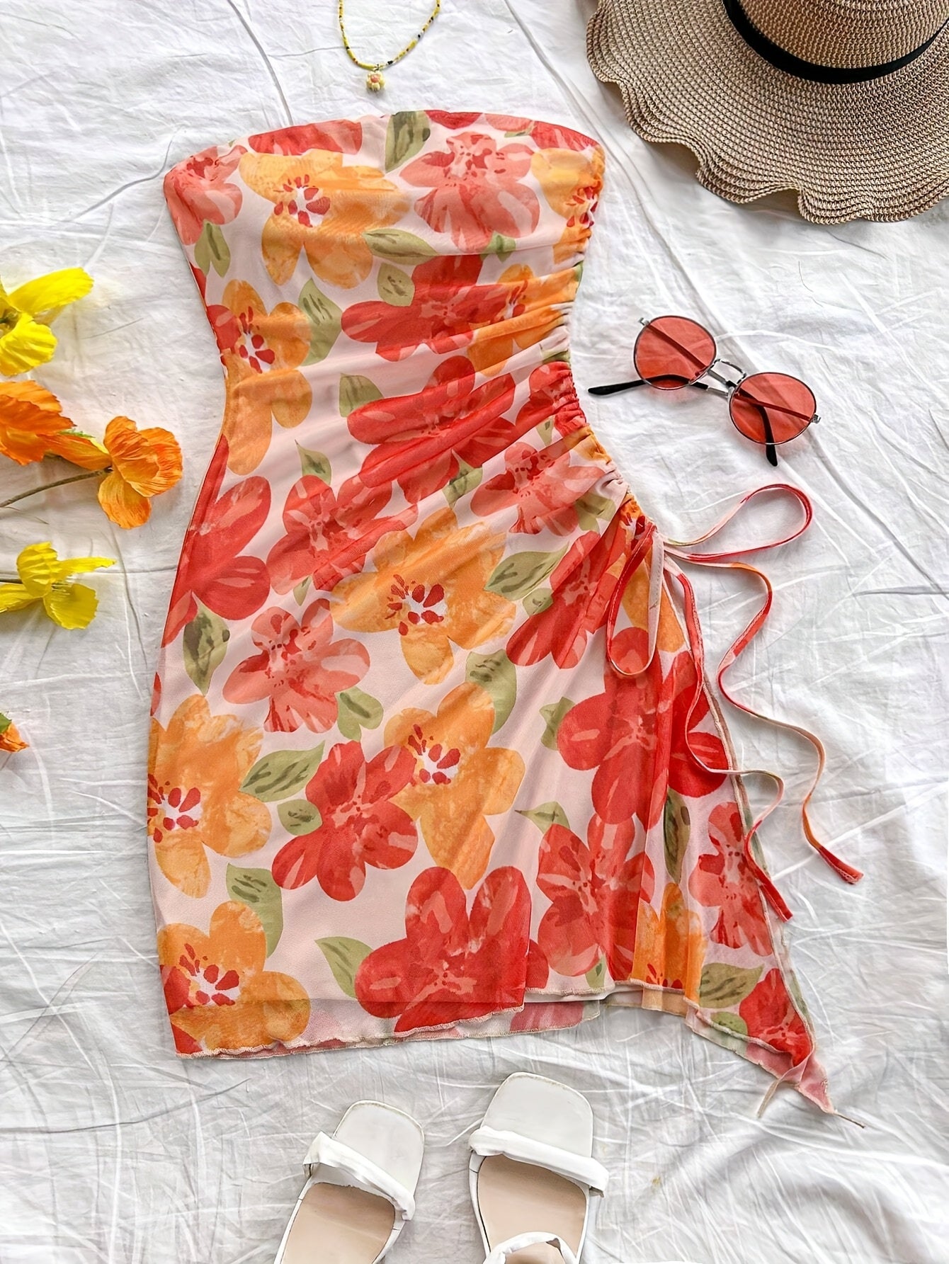Women's Middle Eastern-Inspired Off-Shoulder Strapless Mesh Dress with Adjustable Side Drawstring Hem & Irregular Floral Print - Semi-Sheer All-Season Machine Washable Elegant Casual to Formal Wear, Beach Coverup, Flowy Const
