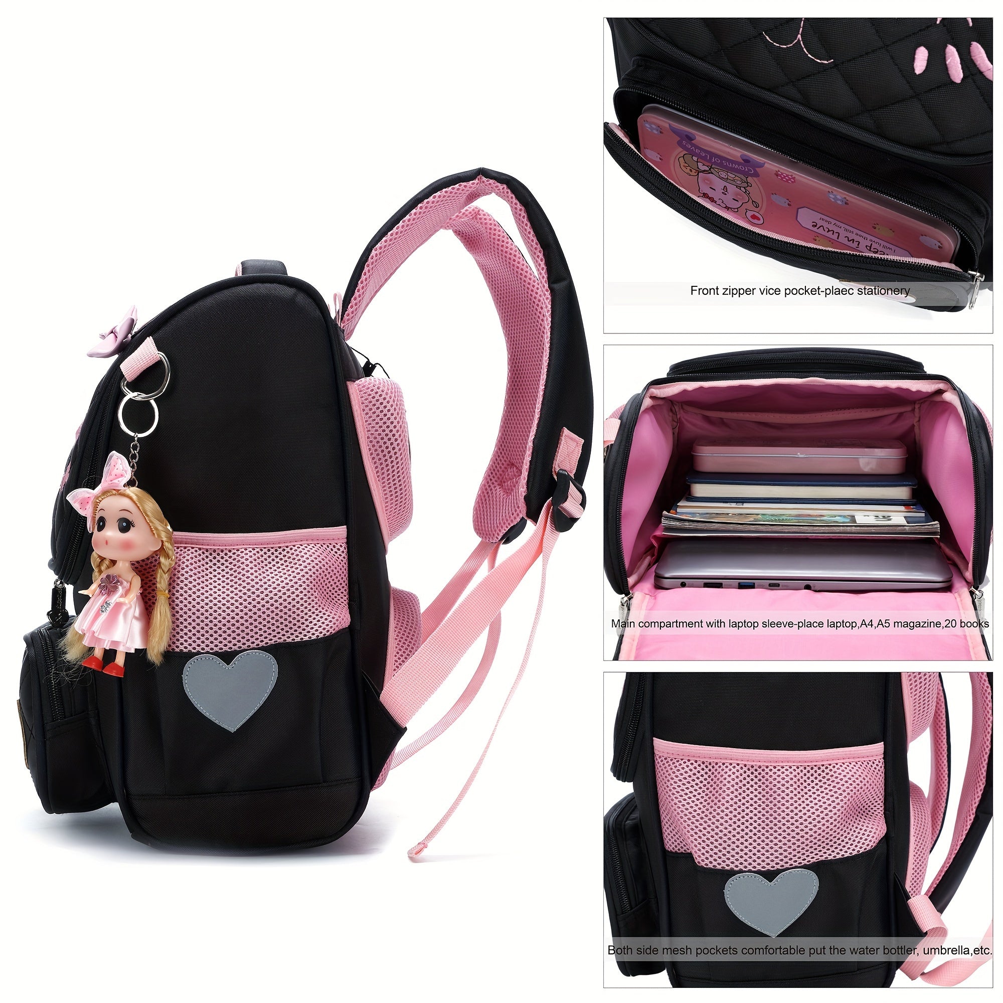 2pcs College Backpack with Lunch Bag Women's Backpack, Cute Backpack, Women's Bag, Cat Bag, Travel Backpack-Black