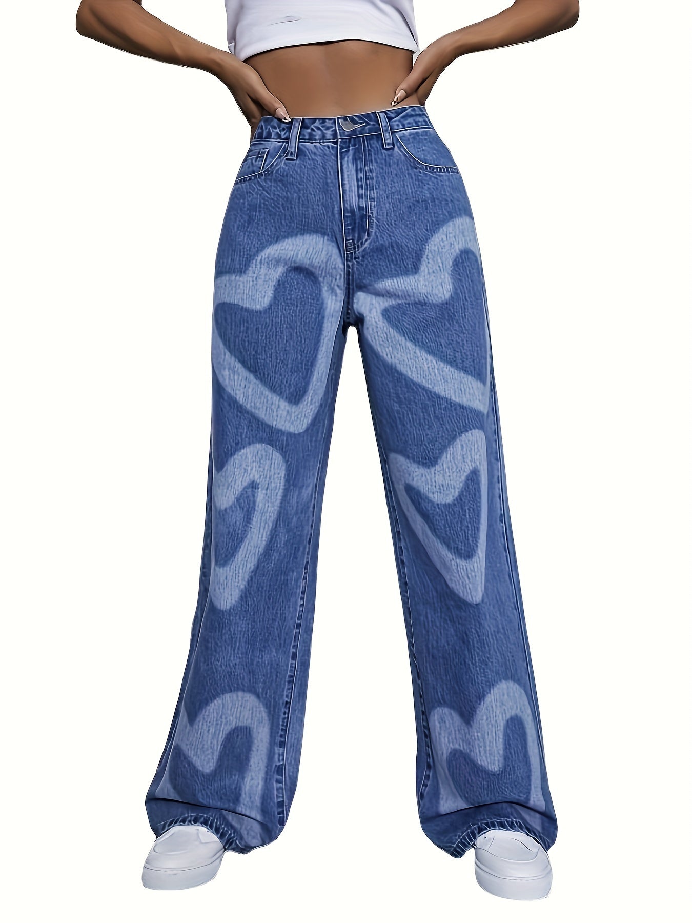 Women's High-Waisted Wide Leg Denim Jeans with Heart Print - Light Blue Casual Loose Fit Pants, Cotton, Long Length, Perfect for Casual Attire