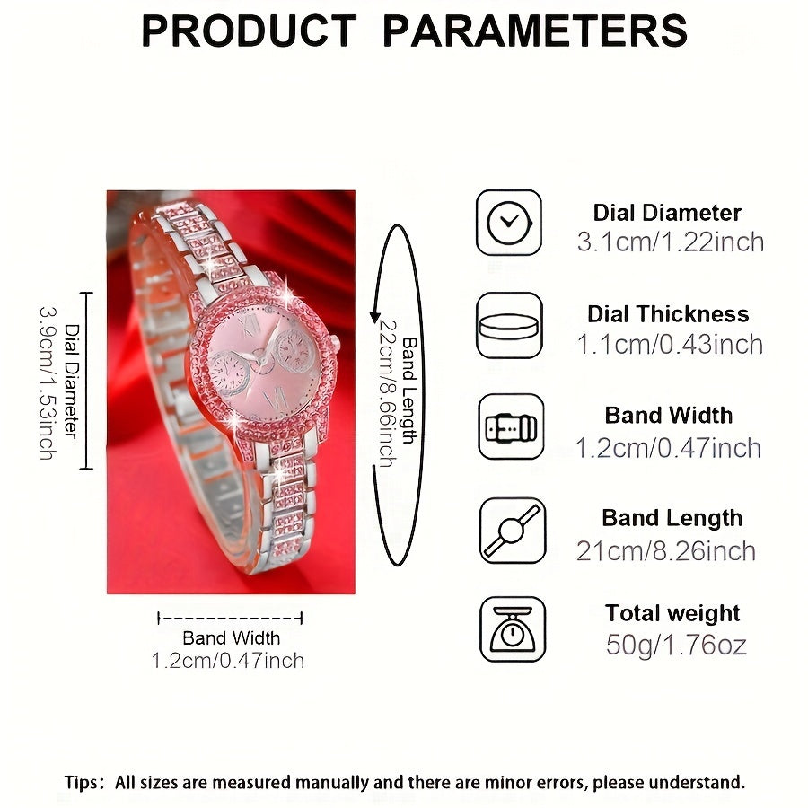 4pcs Set Women's Fashion Quartz Watch & Jewelry Set, Pink Round Pointer Wristwatch with Rhinestone Bracelet And Necklace