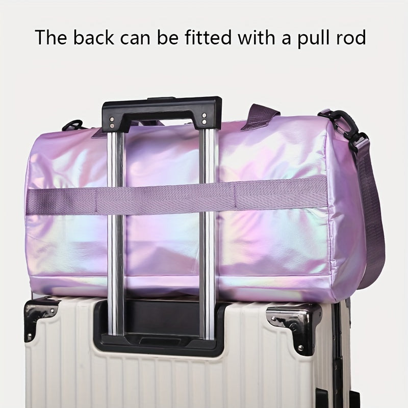 Large Capacity Women'S Nylon Travel Duffel Bag - Pink Iridescent Weekender Gym Tote with Shoe Compartment, Shoulder Strap & Multiple Pockets - Versatile Sports & Fitness Carry-On