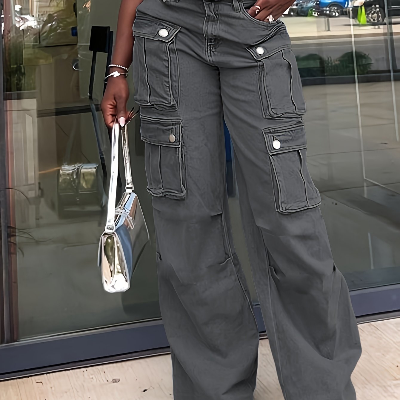 Ladies' Fashionable Retro Y2K Work Pants, High Waist Loose Wide Legs, Pockets, Comfortable Casual Style, Street Fashion Denim Pants