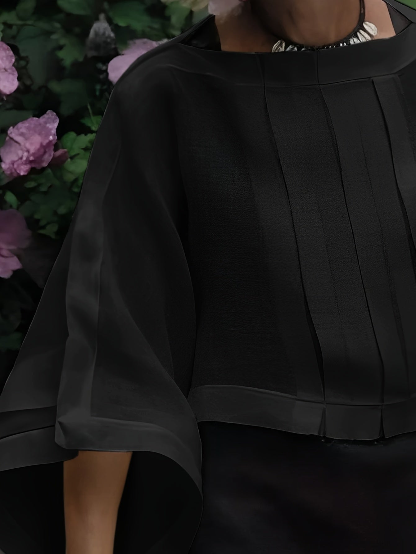 Elegant Polyester Blend 3/4 Sleeve Shirt for Women - Loose Fit Boat Neck Solid Color Woven Shirting with Pleated Detail, All-Season Versatile Top