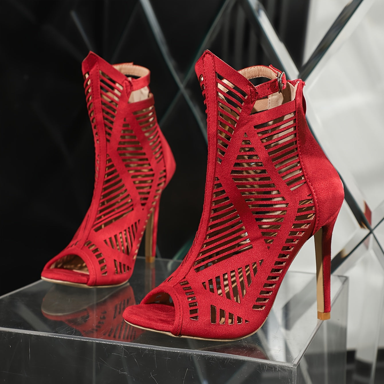 Elegant Women's Black Stiletto Heeled Sandals with Peep Toe and Laser-Cut Fishnet Design - High Heel, Back Zip Closure, Rubber Sole Dress Boots for All Seasons, High Heel Sandals