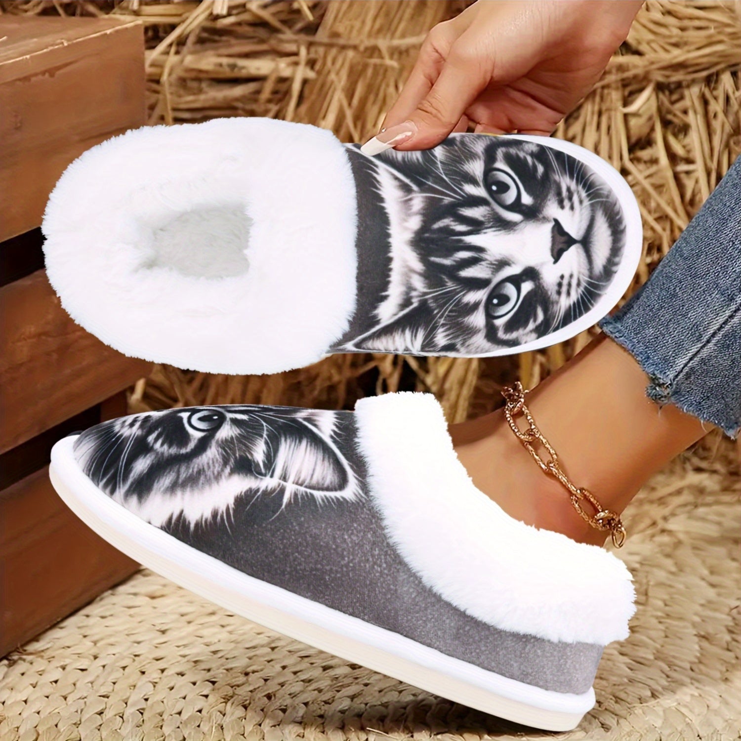 [Cozy Cat Slippers] Cozy Cat Lover's Flannel Slippers - Non-Slip Rubber Sole, Animal Print House Shoes - All-Season Slip-on Indoor/Outdoor Warm Winter Slippers, Machine Washable