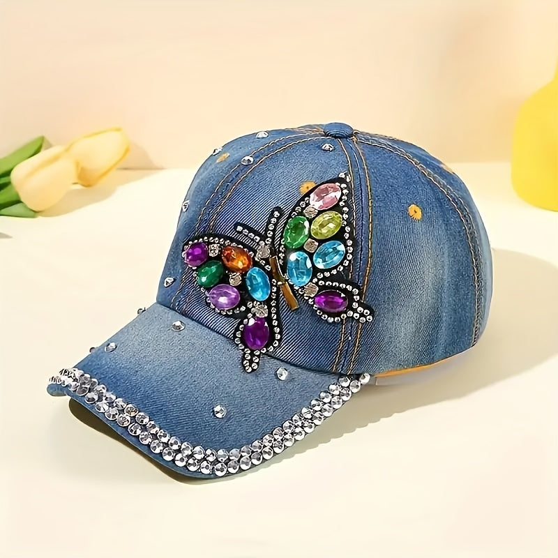 Women's Rhinestone Butterfly Baseball Cap - Stylish Washed Denim Trucker Hat with Colorful Gemstone Decor, Sun Protection, Lightweight & Adjustable Fit for Outdoor Activities