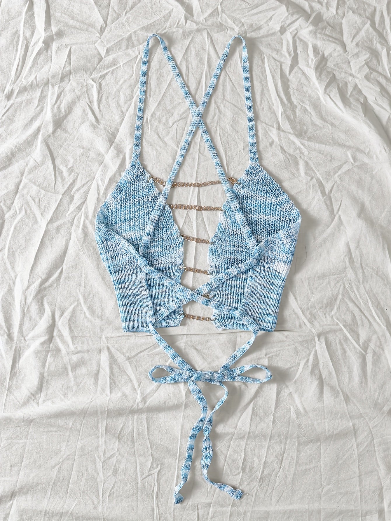 Sexy Gradient Knit Cami Top with Golden Chain Detail - V-Neck, Sleeveless, Stretch Fabric, Light Blue to White Ombre Design for Women - Perfect for Spring/Summer/Fall
