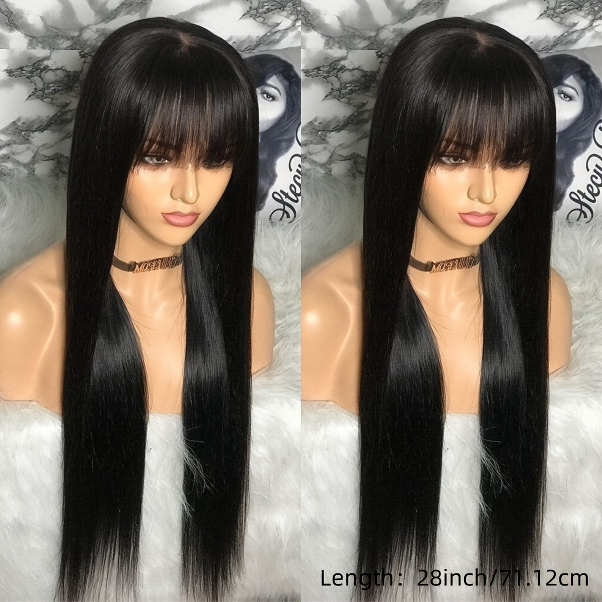 Glueless Bone Straight Wigs with Bangs 100% Long And True Length Human Hair Natural Black Color Wigs for Women Party Gifts Full Machine Made Rose Cap Straight No Glue No Lace Wigs 16inch-40inch