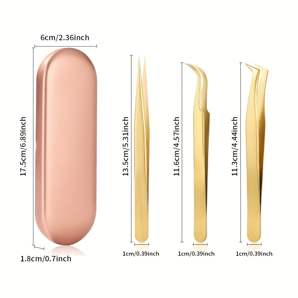 High Precision Eyelash Tweezers Set - Includes 3 Stainless Steel Eyelash Tweezers, Suitable For Classic Personal And Thick Eyelash Extensions. Equipped With Storage Box