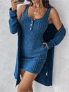 Women's Elegant Blue Ribbed Knit Dress Set - Casual Long Sleeve Cardigan & Button Front Vest Outfit, Chic Slim Fit Fashion Two-Piece Set