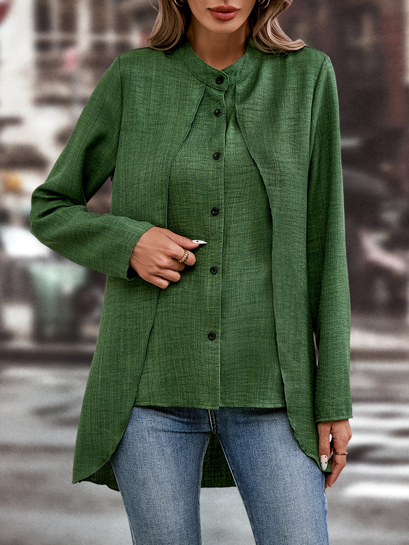 Solid Color Single Breasted Splicing Blouse, Elegant Long Sleeve Layered Blouse For Spring & Fall, Women's Clothing
