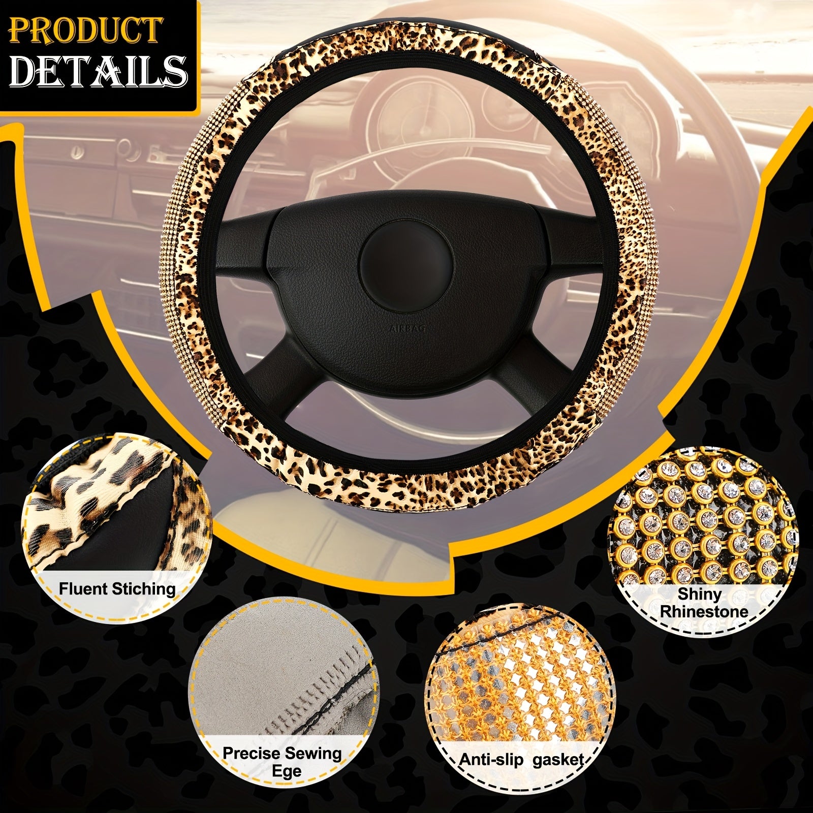 10pcs Leopard Print Car Accessory Set - Diamond Cheetah Design with Steering Wheel, Seat Belt Covers, License Frame, Armrest Pad, Cup Holder, Keyring & Bracelet for SUVs and Trucks - Fashionable & Stylish - For Car Enthusiast