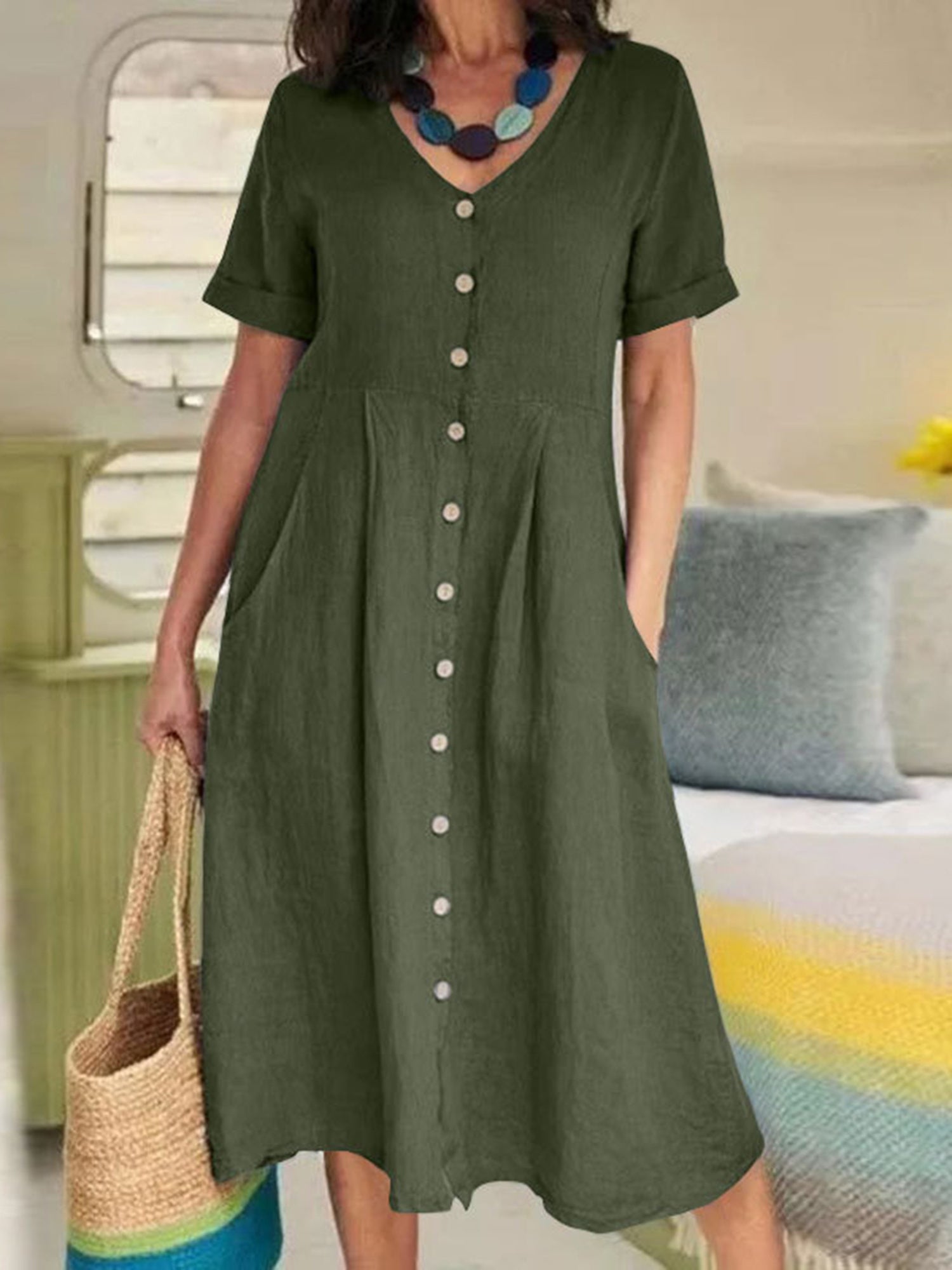 Ladies' Summer Casual Button Mini Dress, Pleated Short-Sleeved Solid Color Loose High-Waisted And Linen Dress