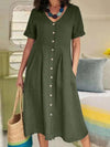 Ladies' Summer Casual Button Mini Dress, Pleated Short-Sleeved Solid Color Loose High-Waisted And Linen Dress