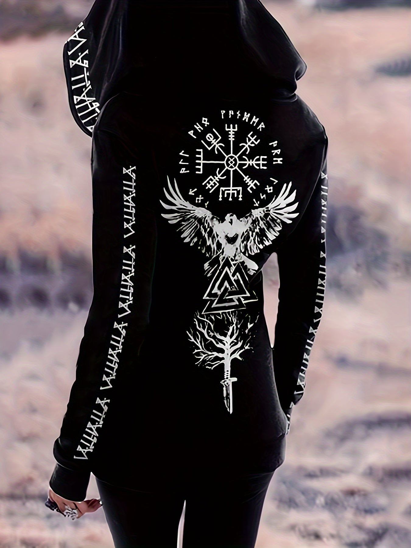 Vintage Gothic Chic Hoodie - Fashion Hoodies - Long Sleeve Drawstring Casual Zipper Sweatshirt with Viking Pattern for Women - Comfortable and Stylish Winter Wear