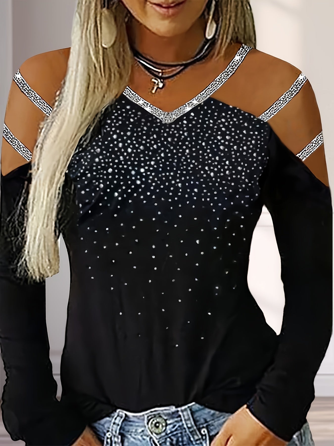 Women Autumn V-Neck Sexy Cold Shoulder Long Sleeve Tops T-Shirt Ladies Pullover Casual Blouse