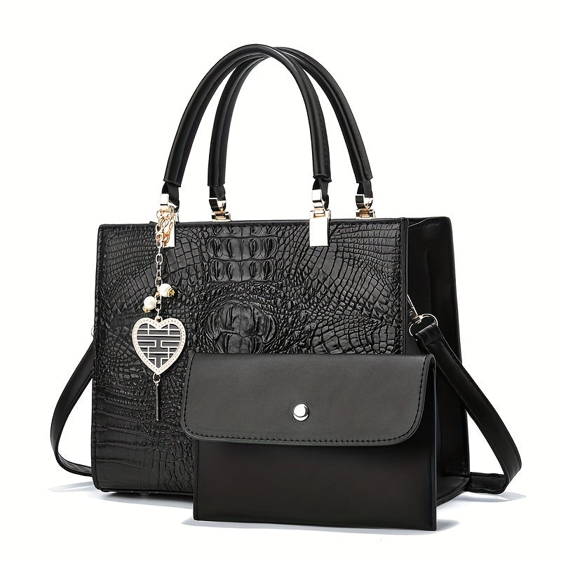 Women's Casual Large Capacity Handbag - Crocodile Pattern PU Purse with Removable Strap | Zipper Closure | Polyester Lining