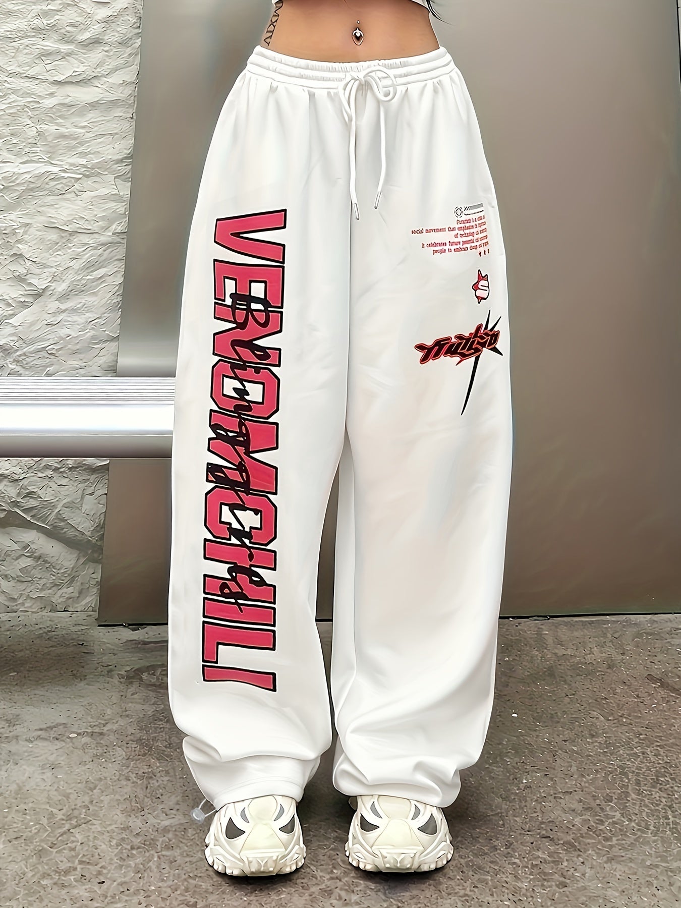 [All-Season Comfort Veronica Pants] Women's Casual White Jogger Pants with Bold "VERONICA" Print - Polyester, Drawstring Waist, Machine Washable, All-Season Comfort