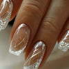 A Box Of 24pcs Of Press-on French-style Shiny Silvery Glitter Elegant False Nails With Simple And Elegant Lines, Suitable For Women And Girls For Dating And Daily Wear. The Advanced Glossy Surface Can Be Detached, And The Set
