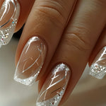 A Box Of 24pcs Of Press-on French-style Shiny Silvery Glitter Elegant False Nails With Simple And Elegant Lines, Suitable For Women And Girls For Dating And Daily Wear. The Advanced Glossy Surface Can Be Detached, And The Set