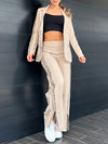 2pcs Leopard Print Suit Jacket with Notched Collar and Contrast Trim Flare Pants Set