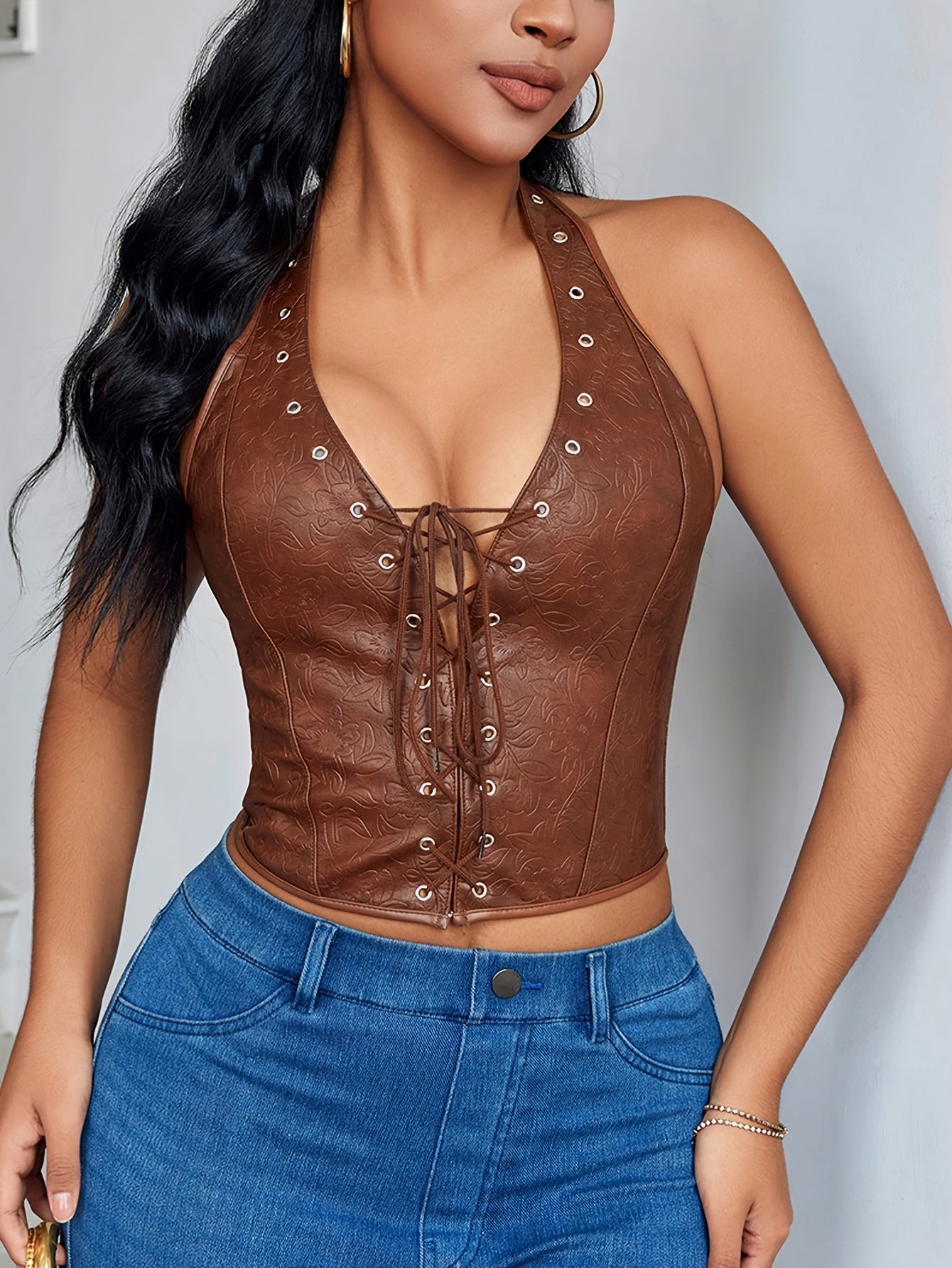 American Retro Maillard Brown Custom Dark Flower Embossed Lace Neck Unique Slim Sexy Blouse