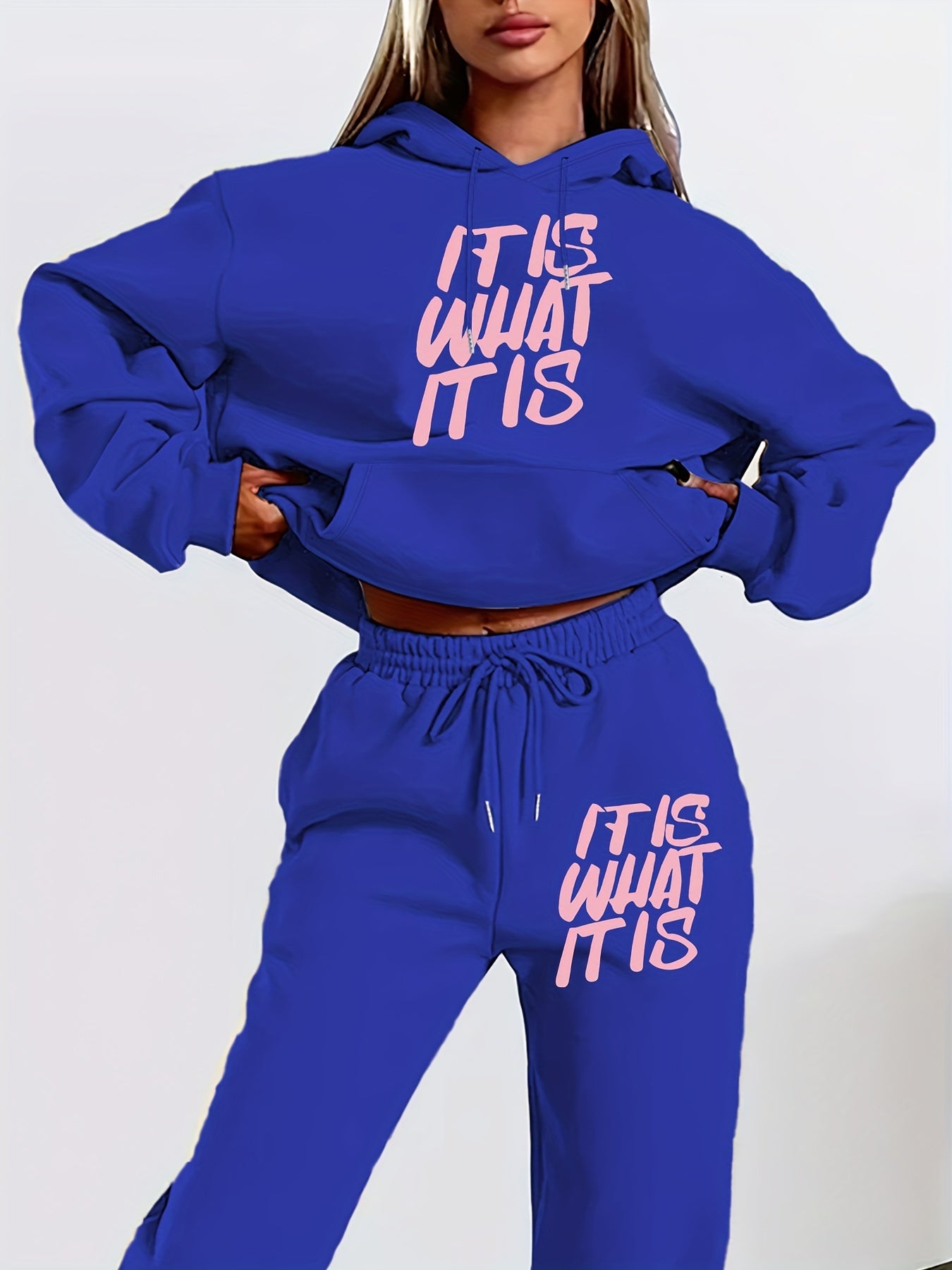 [Geometric Print Hoodie Set] Long Sleeve Geometric Print Hoodie & Jogger Set - Polyester Blend, Machine Washable, Kangaroo Pocket - Women's Casual Fall/Winter