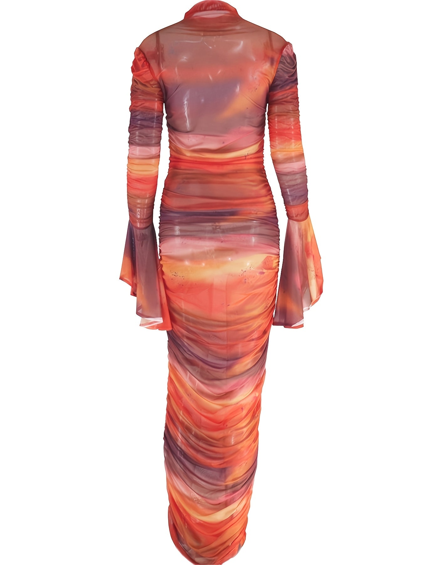 Stylish Ombre High Neck Flared Long Sleeve Dress - Sexy Ruched Bodycon Midi Dress with Sheer Mesh Overlay, Perfect for Spring & Fall, Women’s Fashion, Party Clothing | Fashionforward Dress | Elastane Blend