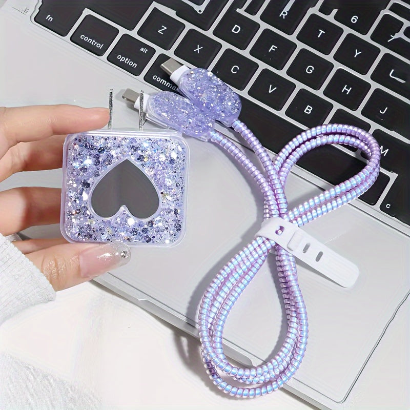 5pcs Purple and Black Glitter Charger Protective Case for Apple 20w for14 Pro Max/13/12/11 Charger and Data Cable Wrap Protection Set