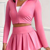 Women'S Pink Two-Piece Zip-Up Jacket and Mini Skirt Set - Sexy, High-Waisted, Short Sleeve Top with Belted Waist and Short Skirt, Casual and Elegant, Polyester Blend, Casual Attire|Zippered Jacket|Polyester Blend