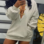Women'S Sexy V-Neck Sweatshirt, Polyester Knit Fabric, Solid Color, Regular Length, with Metal Chain Detail, for Spring/Fall
