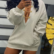 Women'S Sexy V-Neck Sweatshirt, Polyester Knit Fabric, Solid Color, Regular Length, with Metal Chain Detail, for Spring/Fall