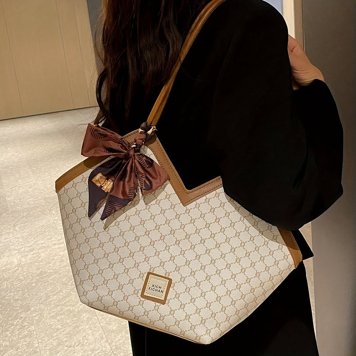 Timeless Chic - Niche Shoulder Bag with Fashion-Forward Scarf Accent - Versatile Classic Pattern Design for Womens Everyday Style